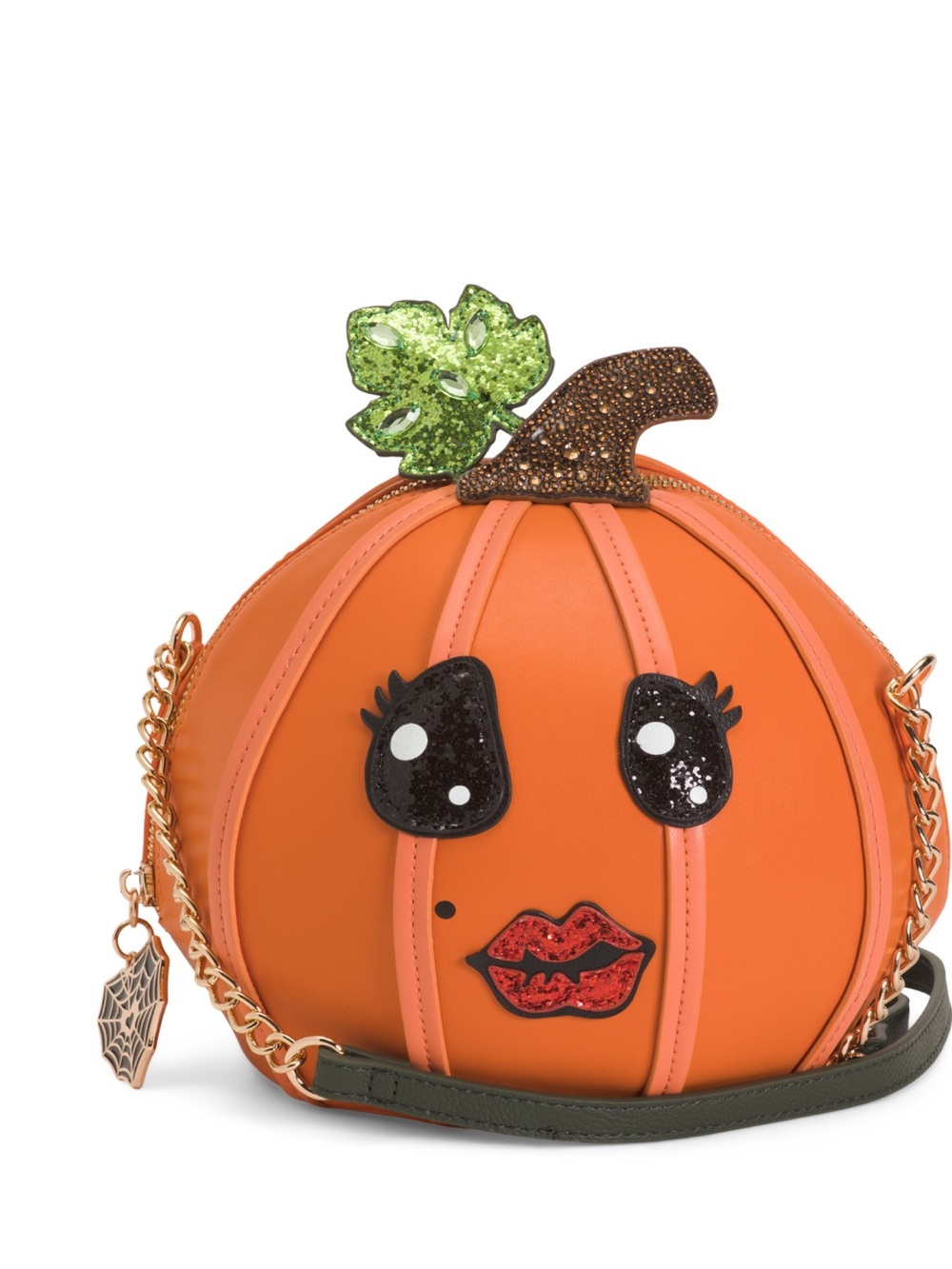 Betsey Johnson Orange Pumpkin Crossbody Bag with Green Leaf and Black Accents